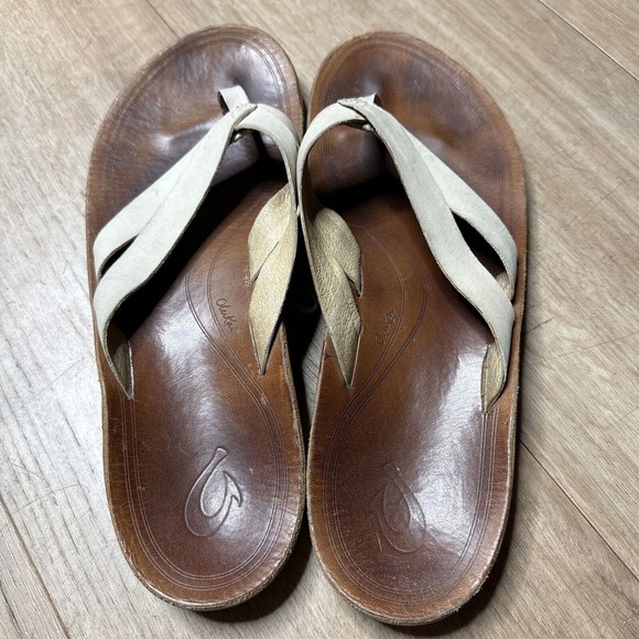 OluKai Kaekae Women's Thong Sandals Beige Ivory Leather Flip-Flop Sz 10 EU 40 - Picture 3 of 6
